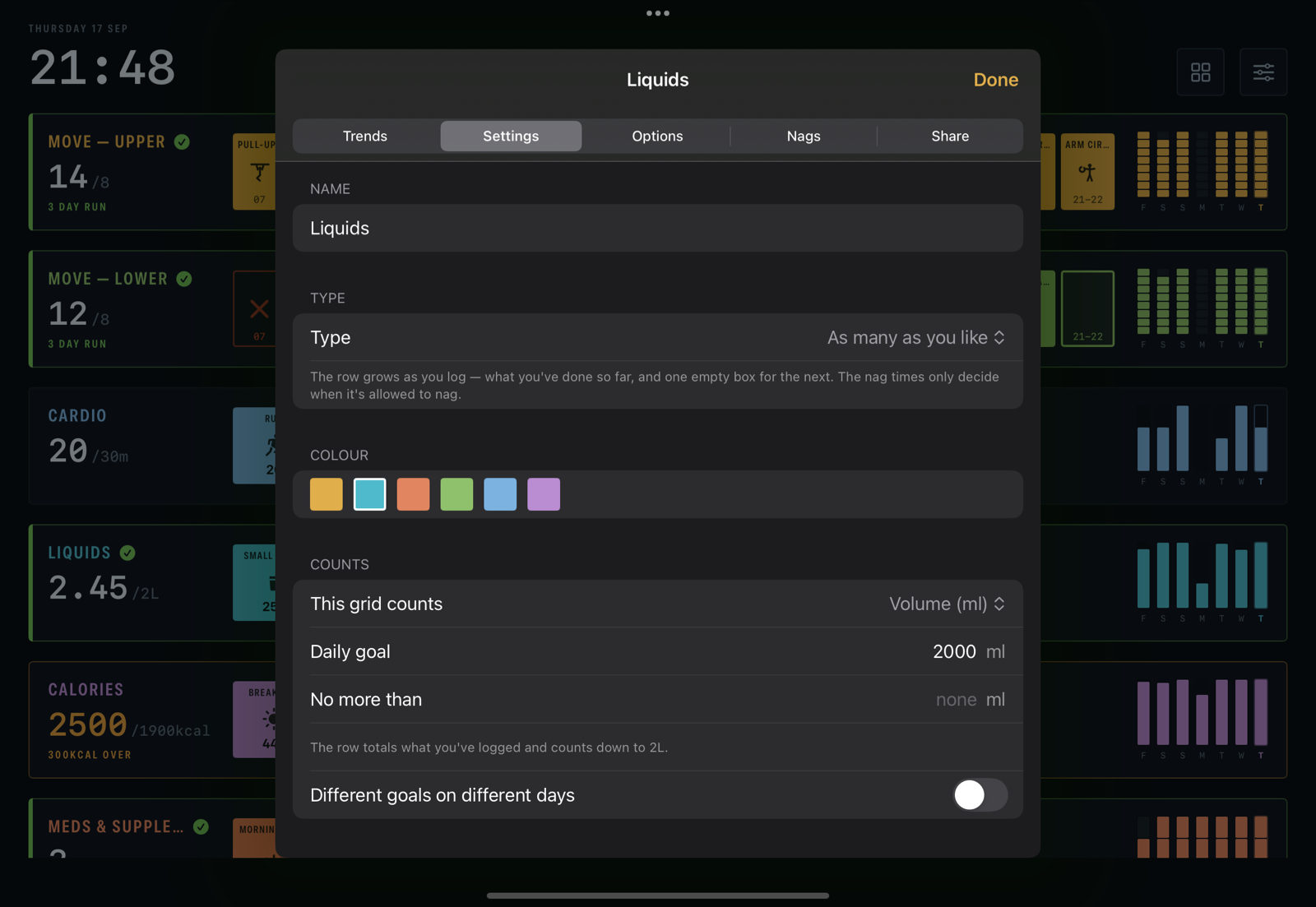 The Settings pane for a grid: name, colour, type, hours, unit and goals