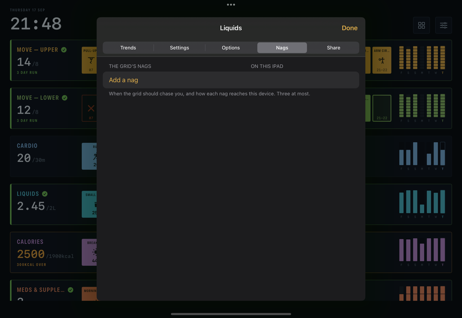 A grid's Nags pane: the nags set on this device