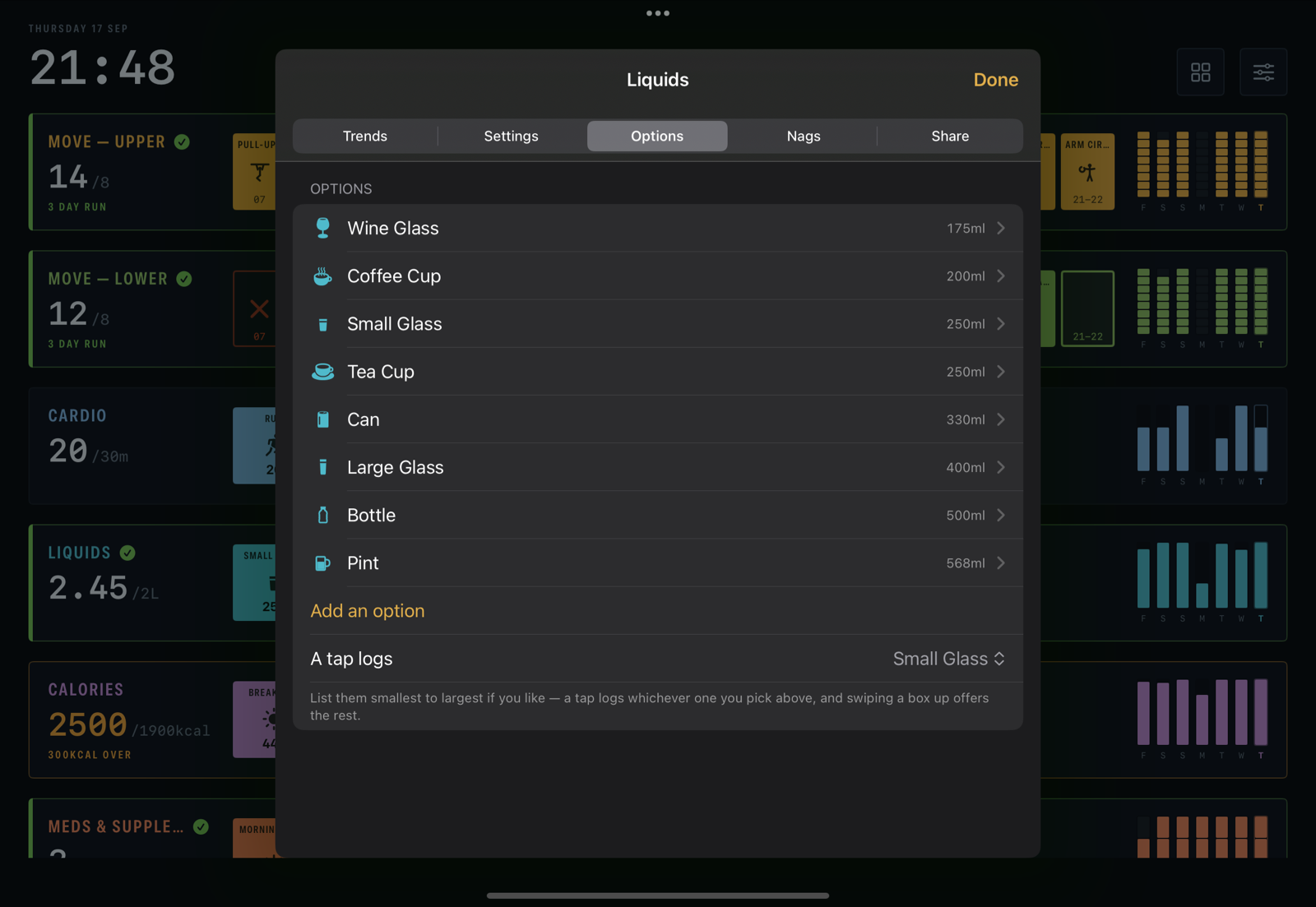 The Options pane of a grid's settings: the list of options with icons and sizes, and which one a bare tap logs