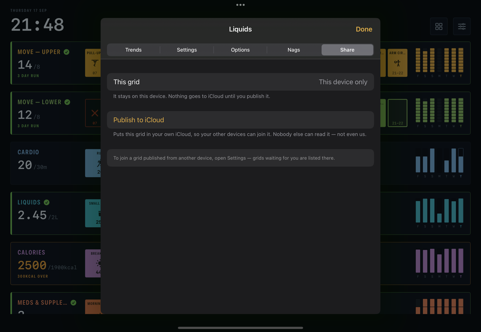 The Share pane for Liquids: 'This grid — In iCloud', an On Apple Watch switch, Share with someone, Who has it, and Stop sharing on this device