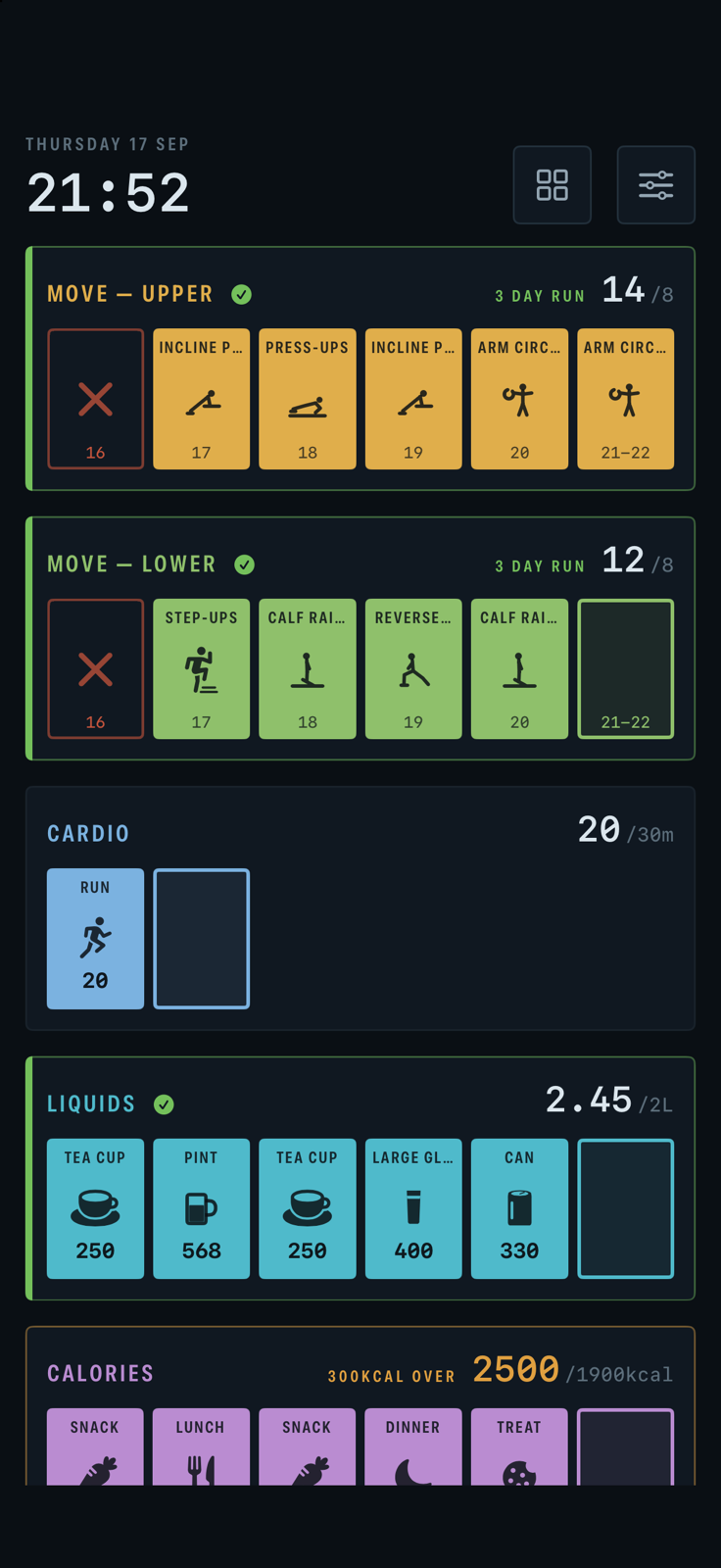 Dash on an iPhone: the grids stacked, each showing a window of six hours around the current one
